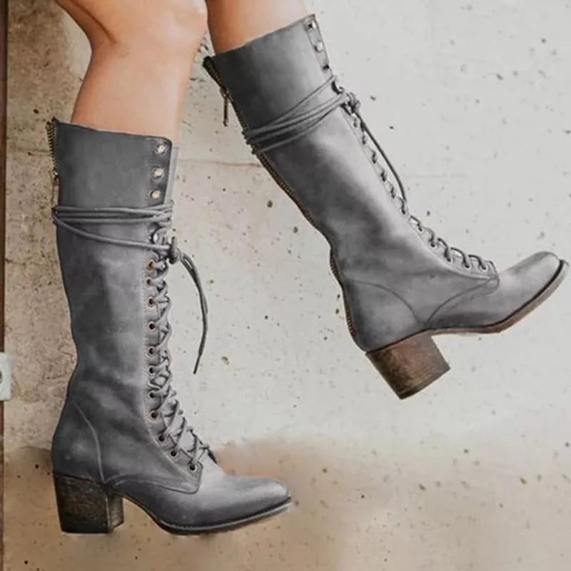 Elspeth | Knee-High Lace-Up Boots With Block Heel